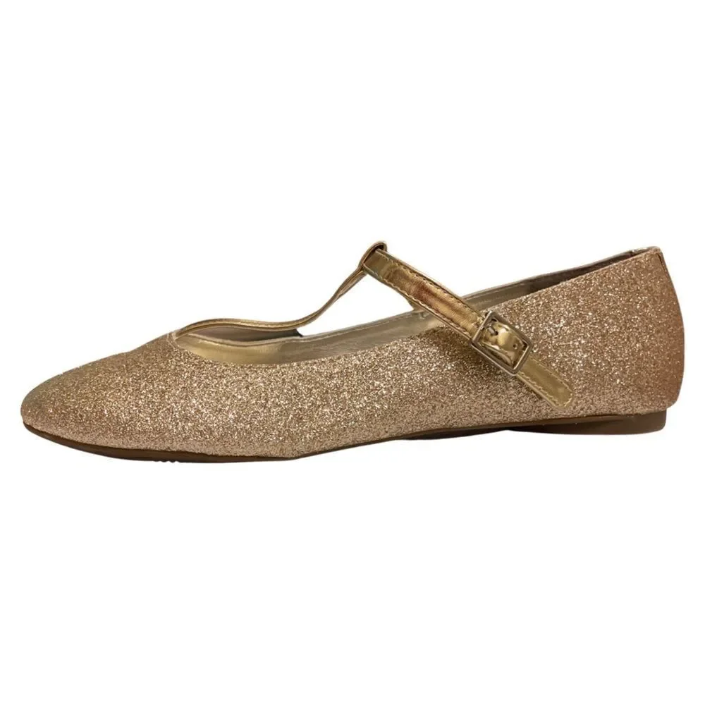LANDS' END Girls'  Sparkly Gold Mary Jane T Strap Dress Shoes Size 6
